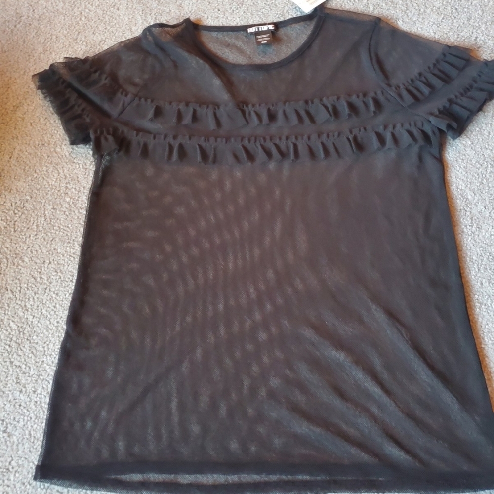 Nwt Black Mesh Ruffle Top